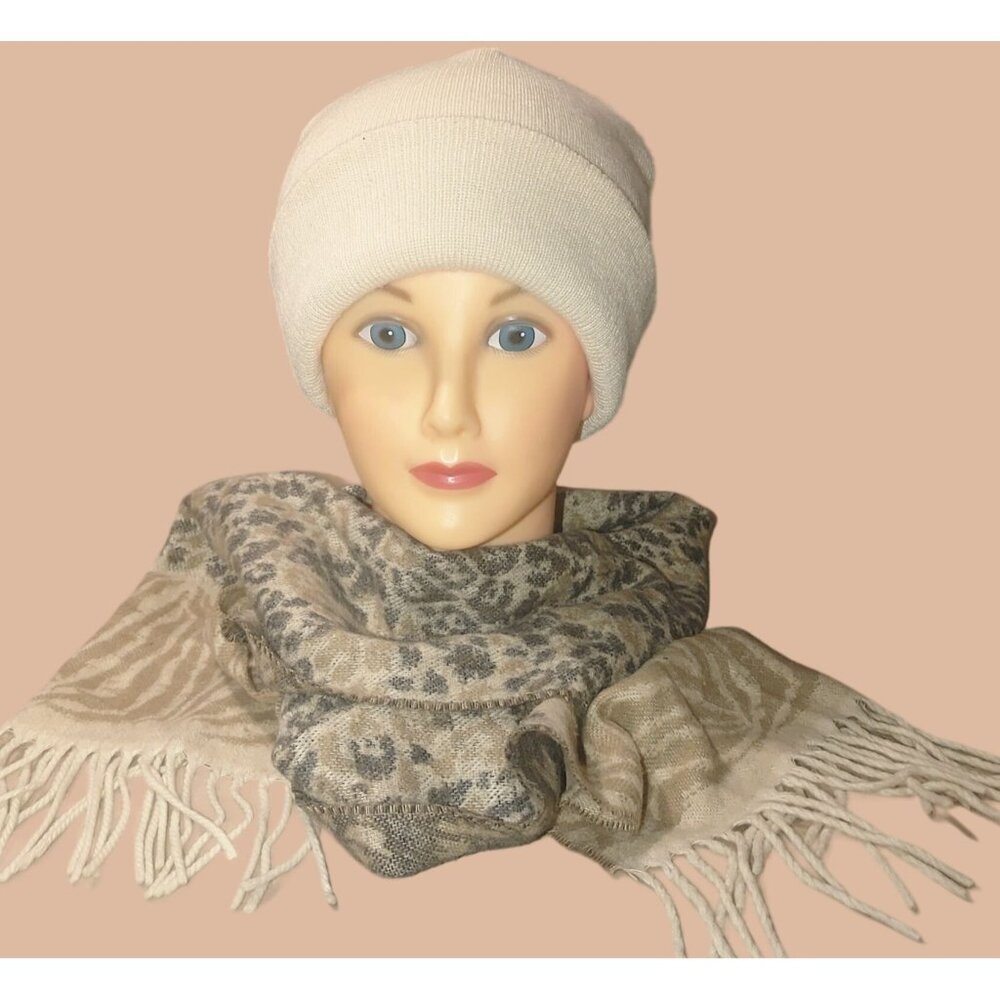 V Fraas Beige Animal Print Scarf Germany Cashmink Fringe 52 by 11 Knit Hat Bonus